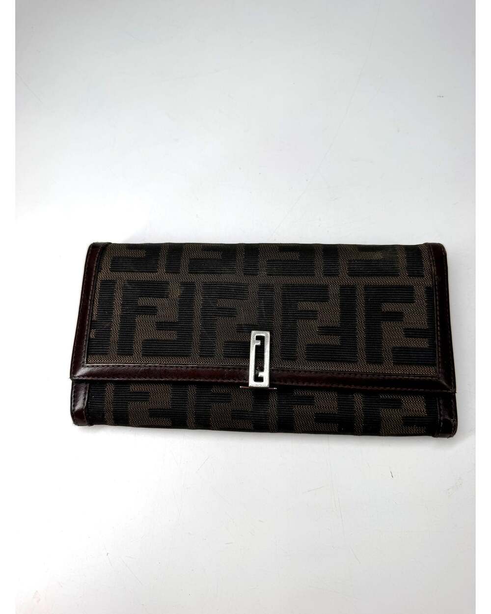 Fendi Zucca FF Canvas Long Flap Wallet Brown Silver Hardware